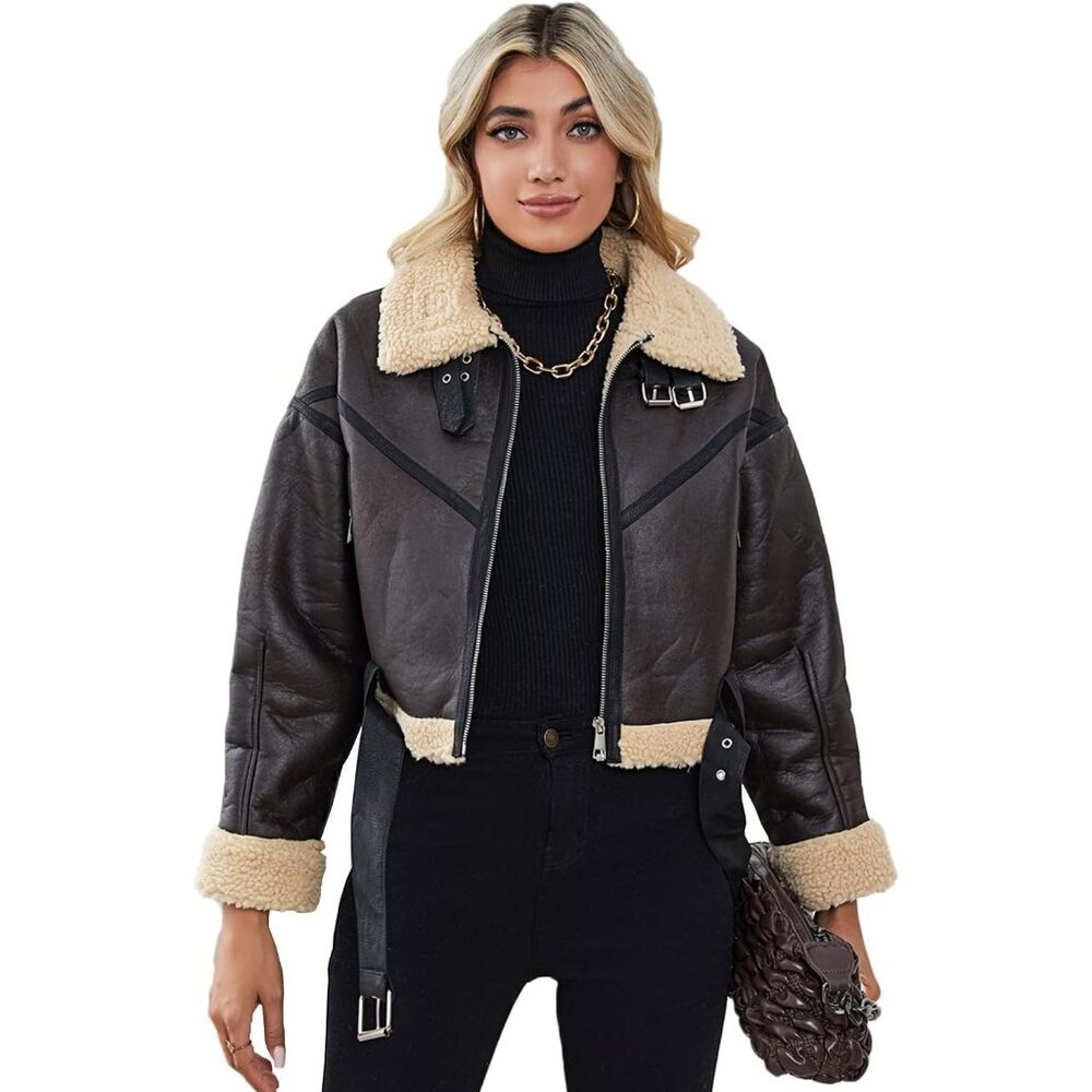 Women Faux Lamb Fur Leather Short Jacket Lapel Zipper Bomber Aviator Coat Brown
